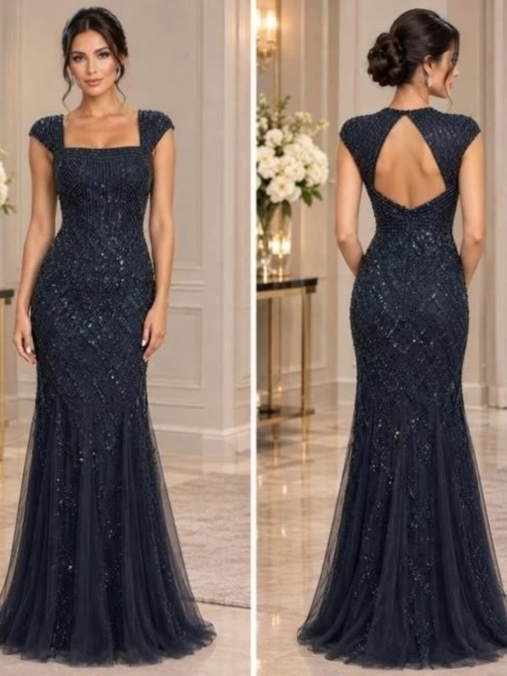 Adrianna Papell Navy Blue Beaded Sequin Square Neck Gown